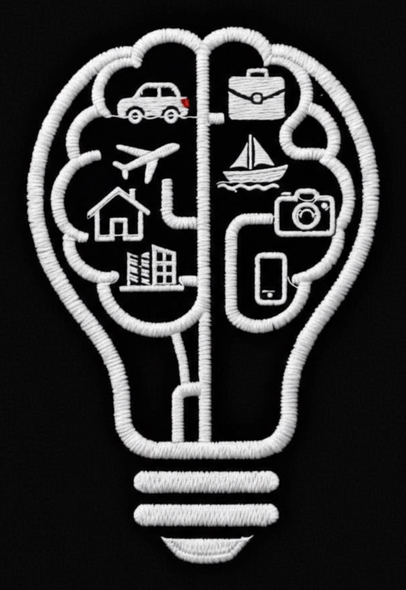 The Crea'fi bulb: an embroidered lightbulb with a brain inside, filled with a house, a car, a plane, a boat, and a briefcase